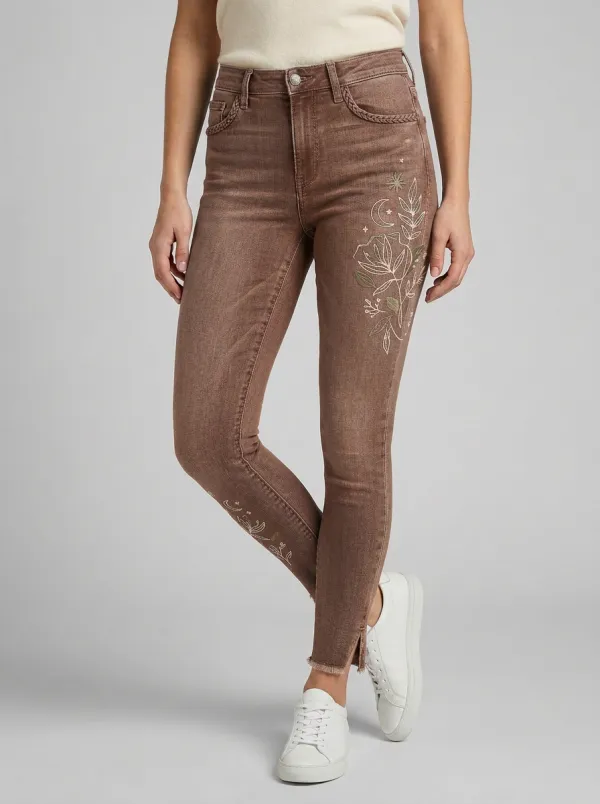 Women's Celestial Floral Moon Star Embroidered Printed Slim Jeans
