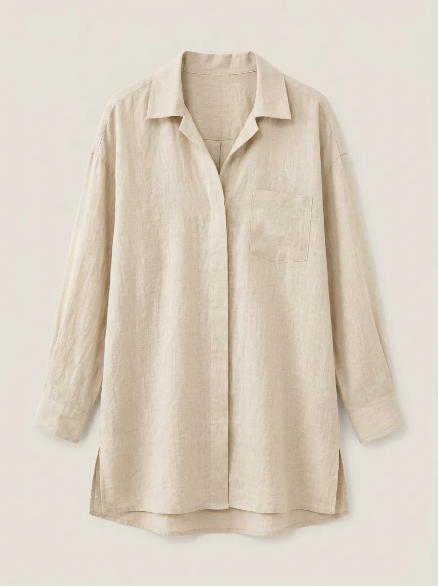 Women's Casual Beige Linen Blend Long Sleeve Button Down Shirt