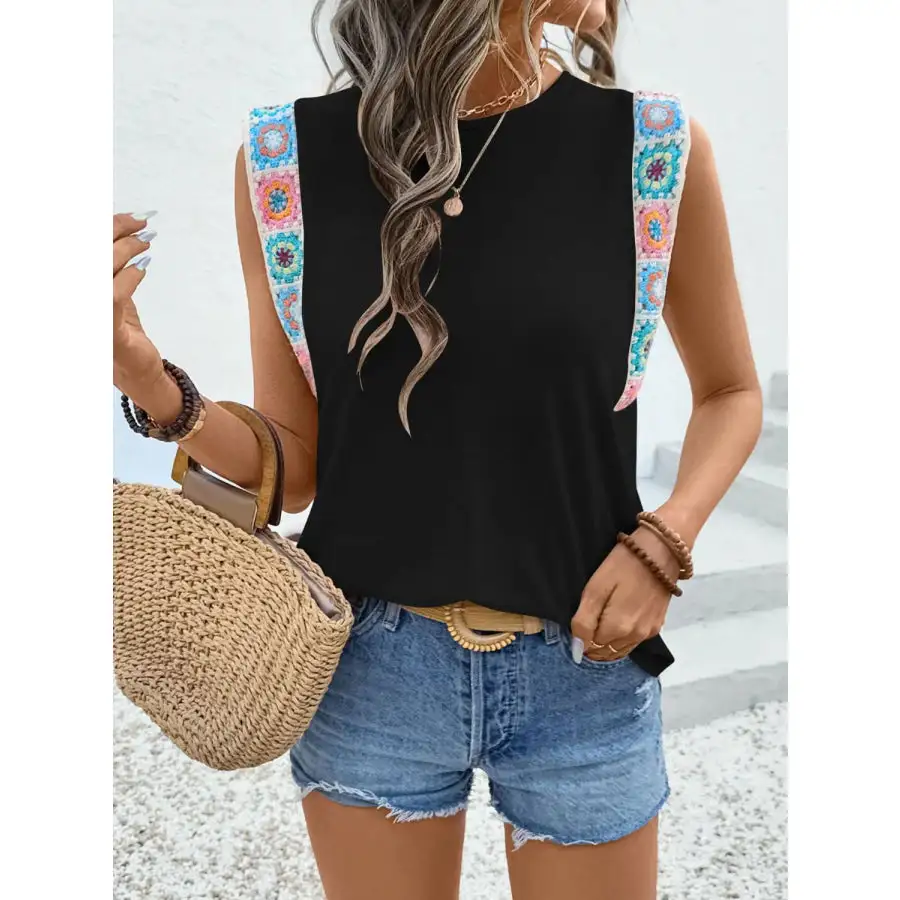 Crochet Hem Round Neck Top
