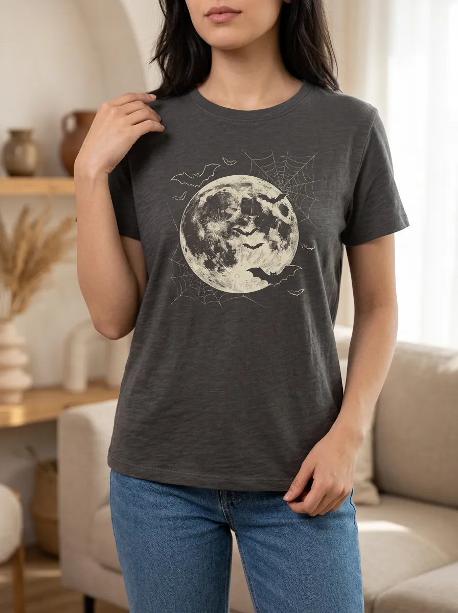 Women's Halloween Full Moon Bat Spiderweb Printed T-shirt