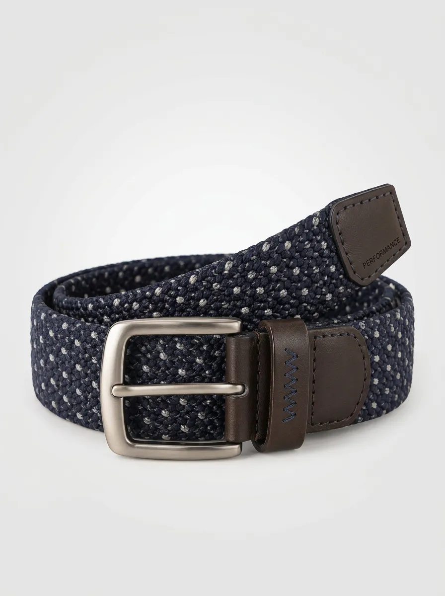 Men's Performance Casual Golf Navy Blue Polka Dot Stretch Woven Belt