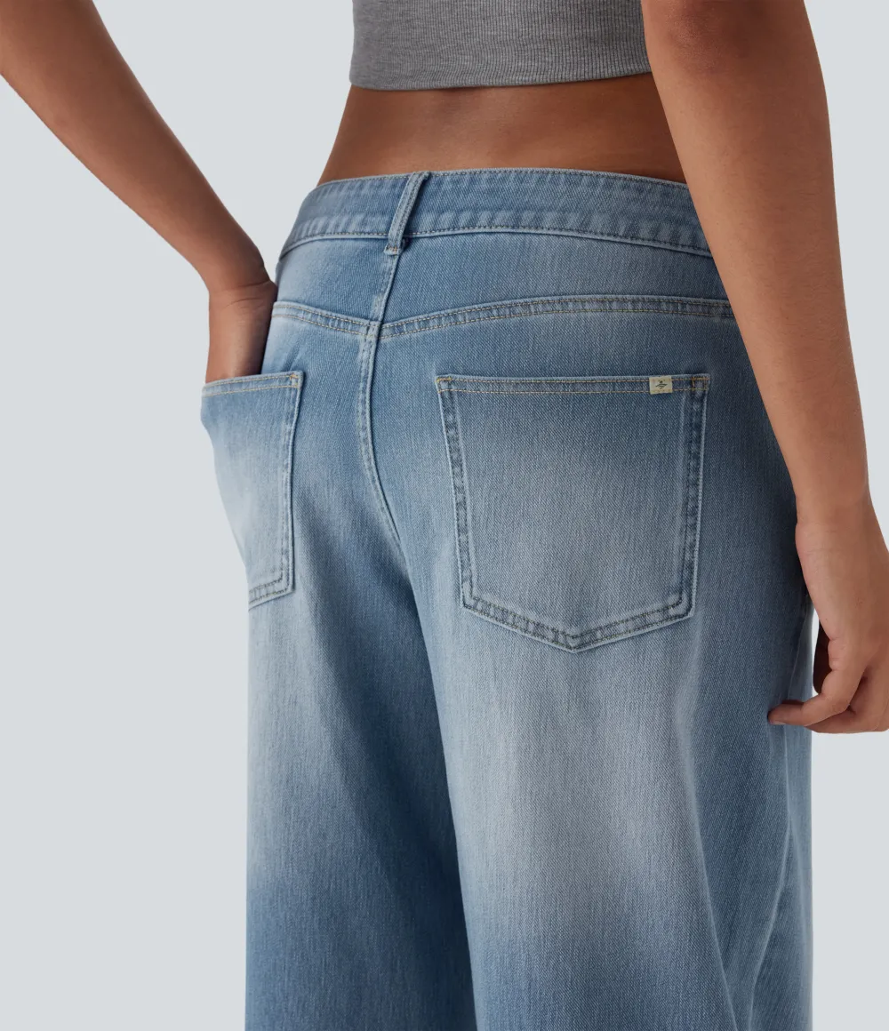 Asymmetric Low Rise Zipper Pockets Baggy Wide Leg Washed Casual Jeans