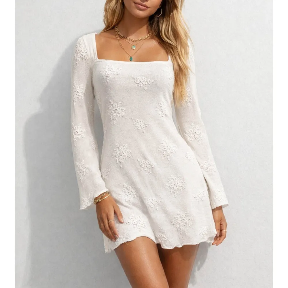 Embroidery Sheer Lace Flared Sleeves Mini Dress