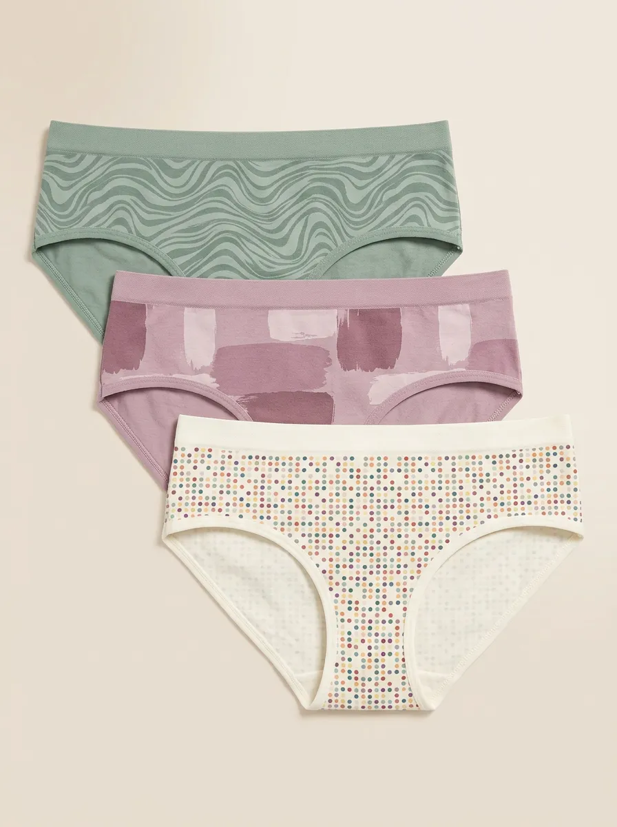 Women's Abstract Wave Brushstroke Polka Dot Printed Three Pack Panties