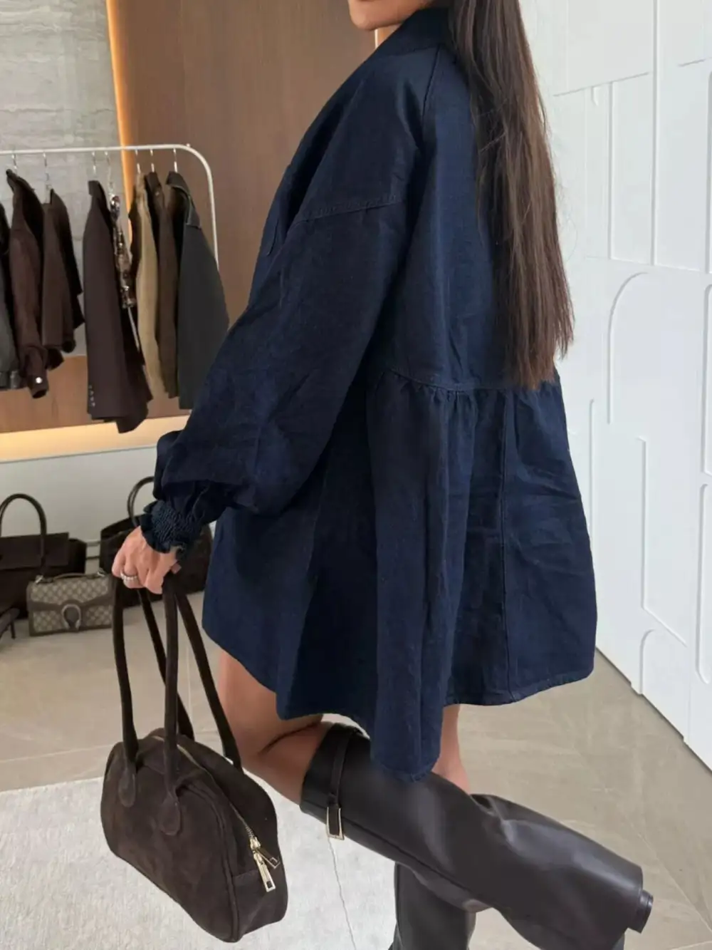Denim Button Front Pocketed Mini Dress
