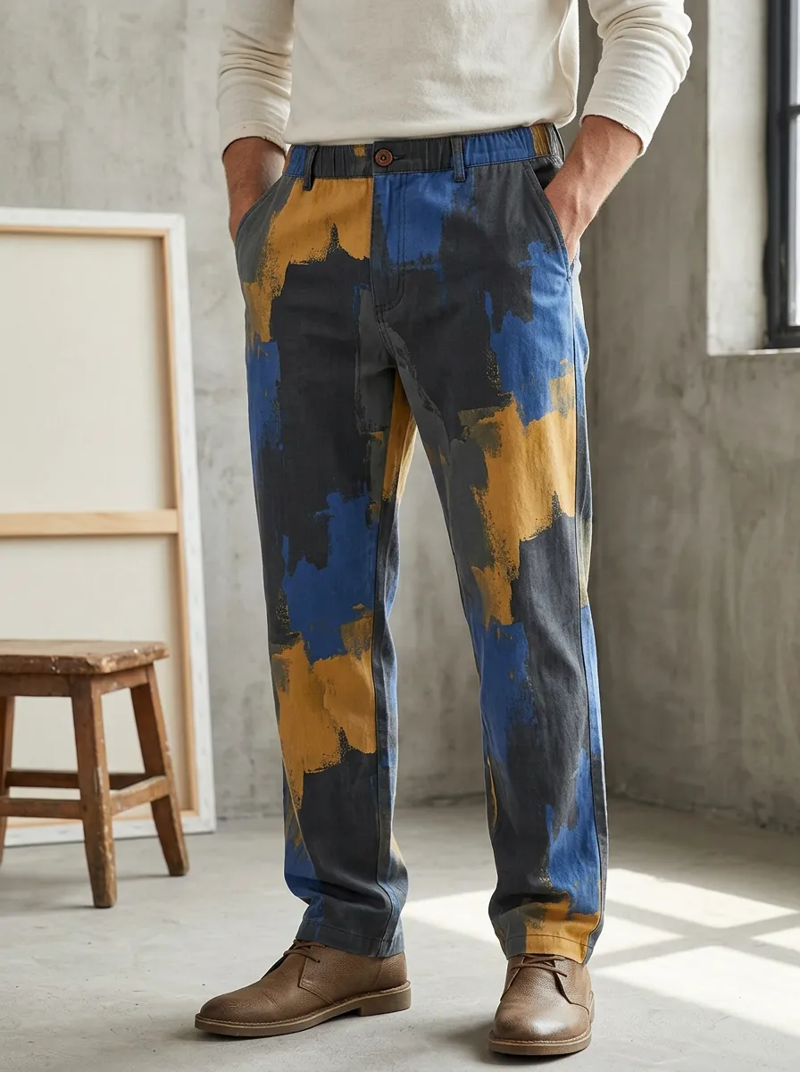 Men's Abstract Art Style Blue and Yellow Printed Pants