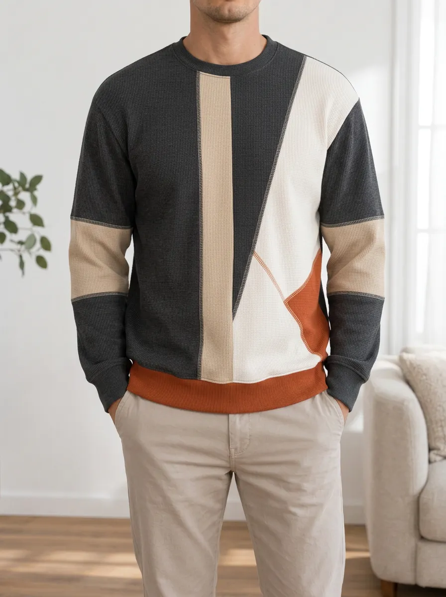 Men's Charcoal Color-Block Waffle Crewneck Pullover Sweatshirt