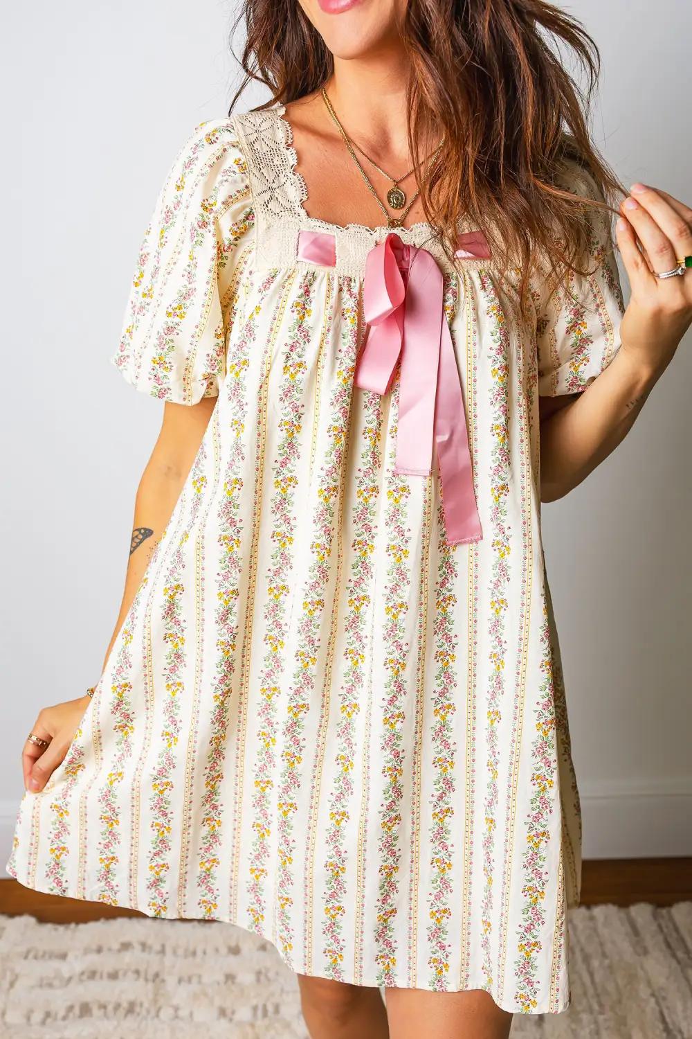 Gathered Detail Floral Printed Ribbed Mini Dress