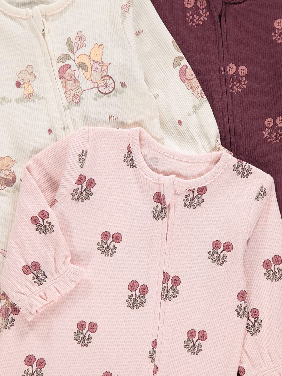Pink Floral Zip Fasten Sleepsuits 3 Pack detail 1