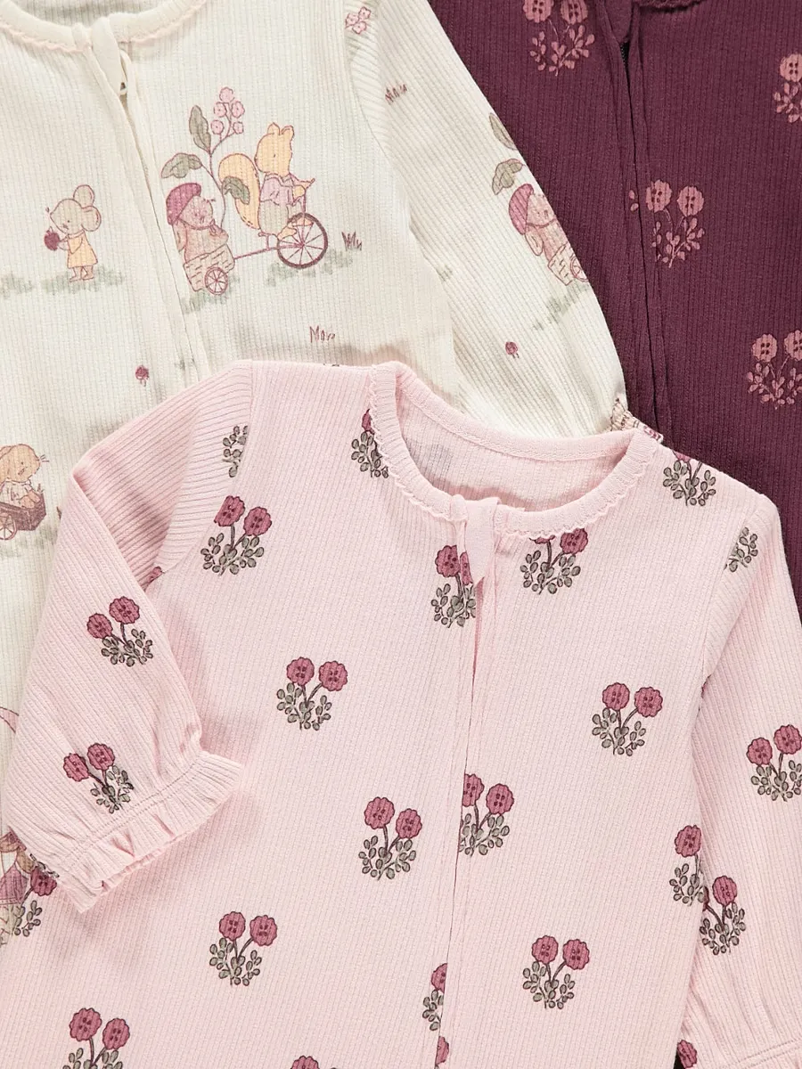 Pink Floral Zip Fasten Sleepsuits 3 Pack