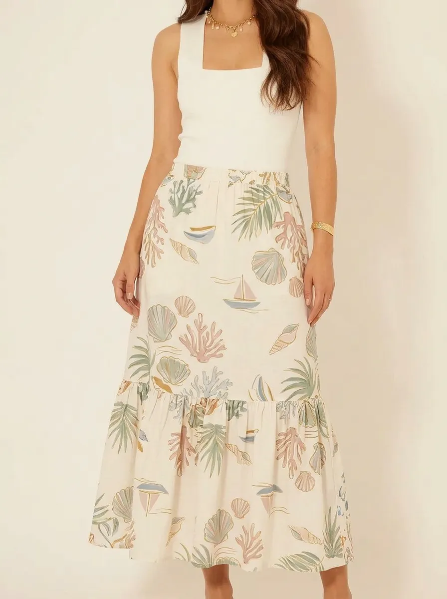 Women's Beach Lover Seashell Coral Sailboat Printed Midi Skirt