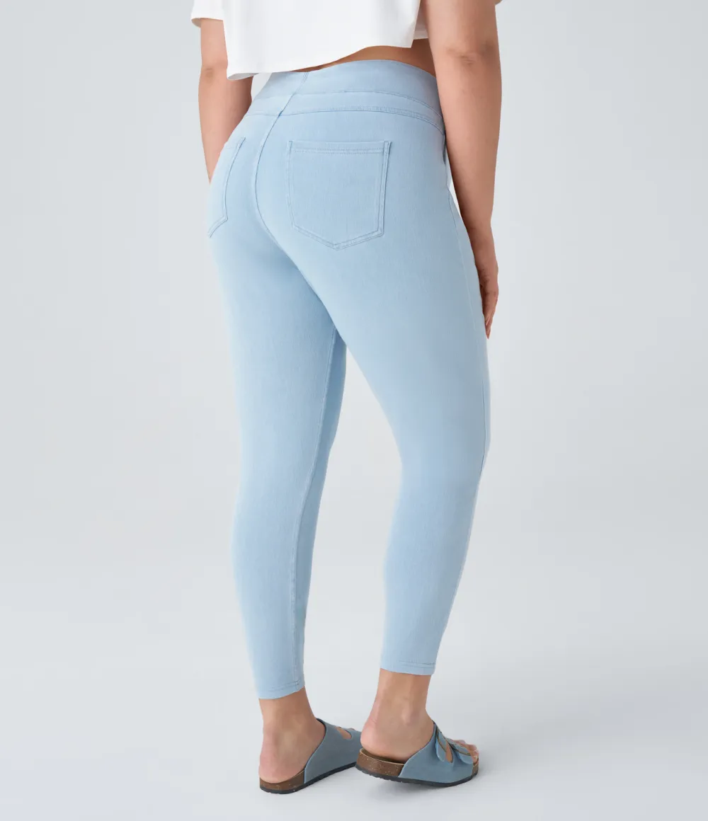 Magic High Waisted Back Side Pocket Stretchy Knit Denim Plus Size Casual Leggings