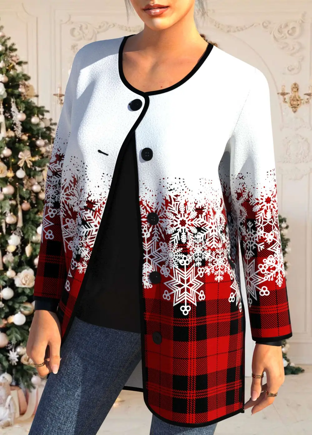 Red Button Snowflake Print Long Sleeve Coat