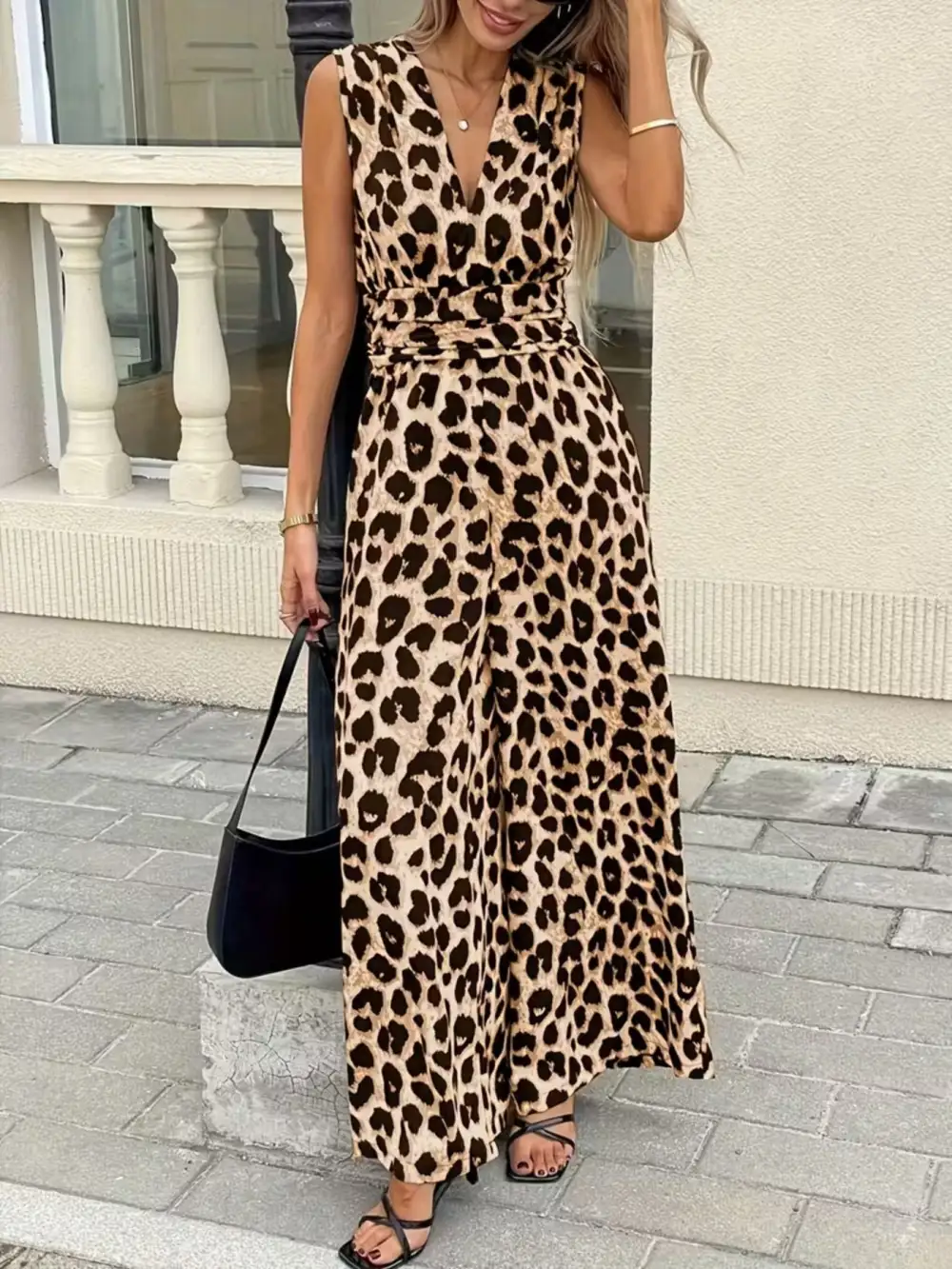 Sleeveless V Neck Leopard Print Wide Jumpsuit