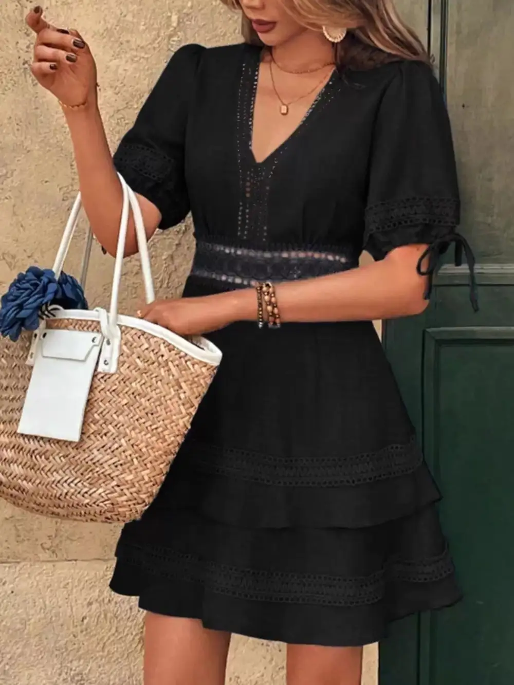 Modern Everyday Lace Detail V-Neck Mini Dress