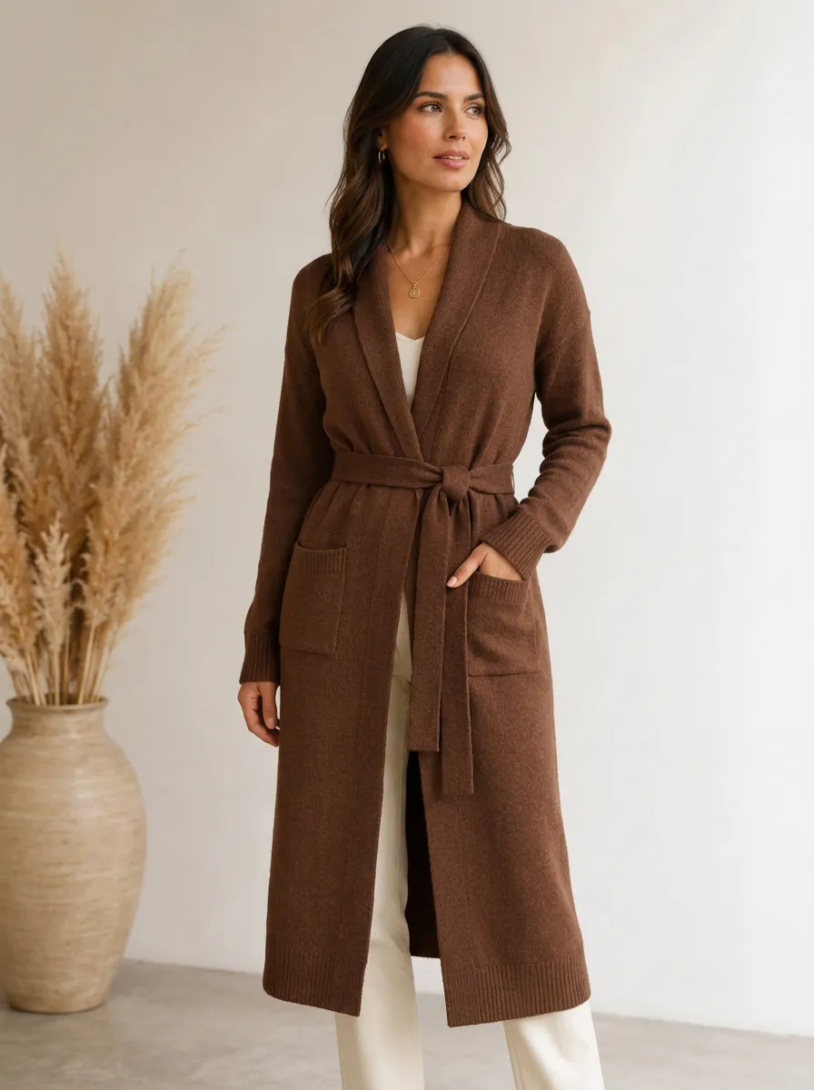 Women's Chocolate Shawl Collar Belted Cardigan
