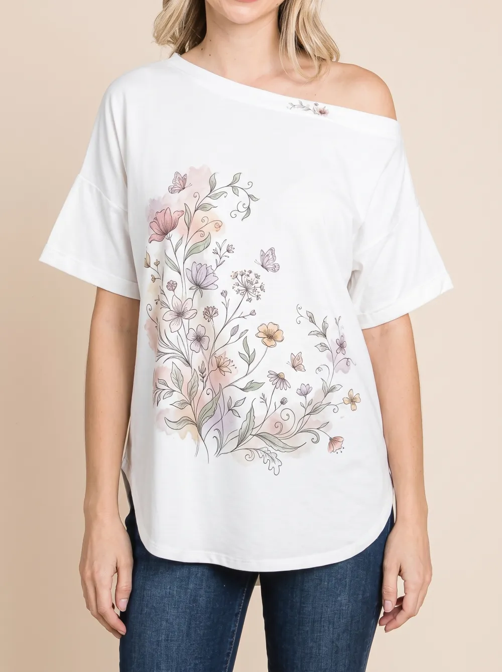 Women's Floral Butterfly Watercolor Printed Off-Shoulder Top