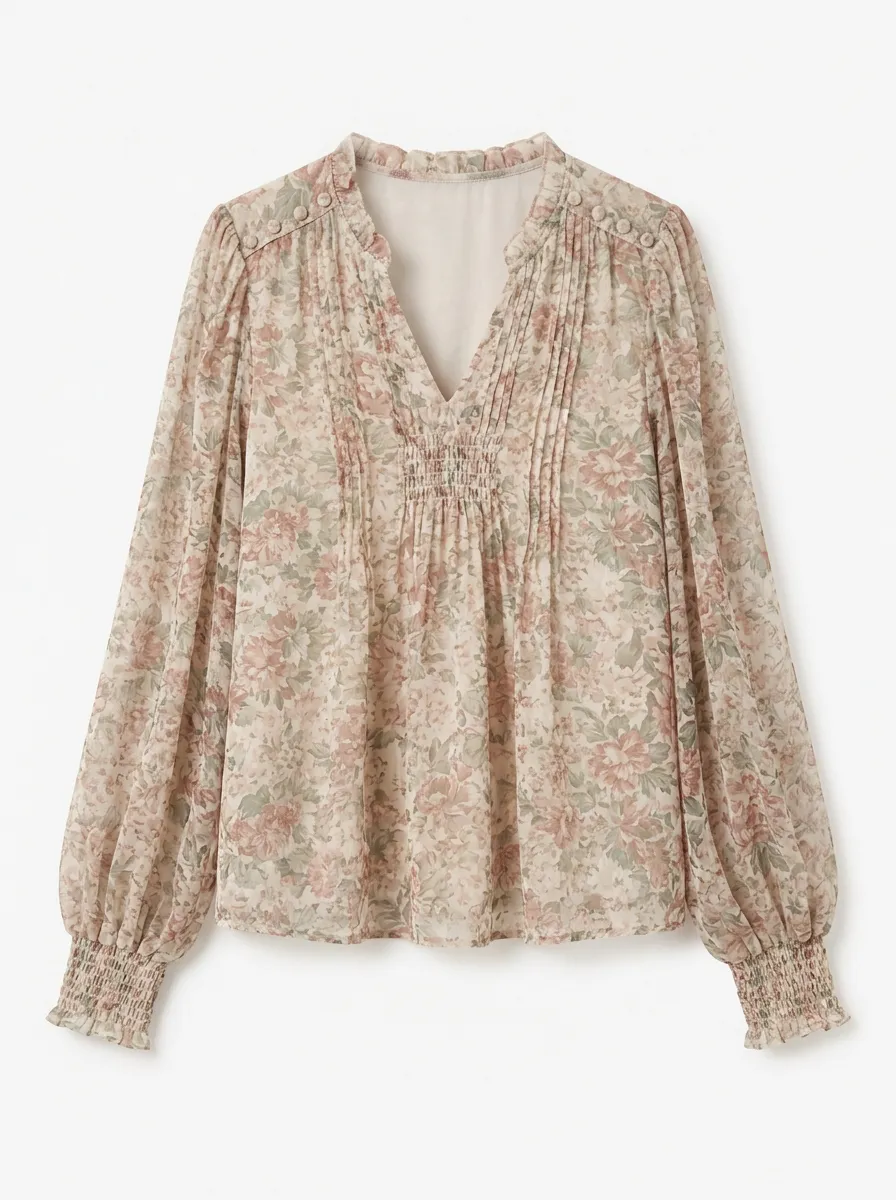 Women's Vintage Floral Pleated Chiffon Printed Blouse