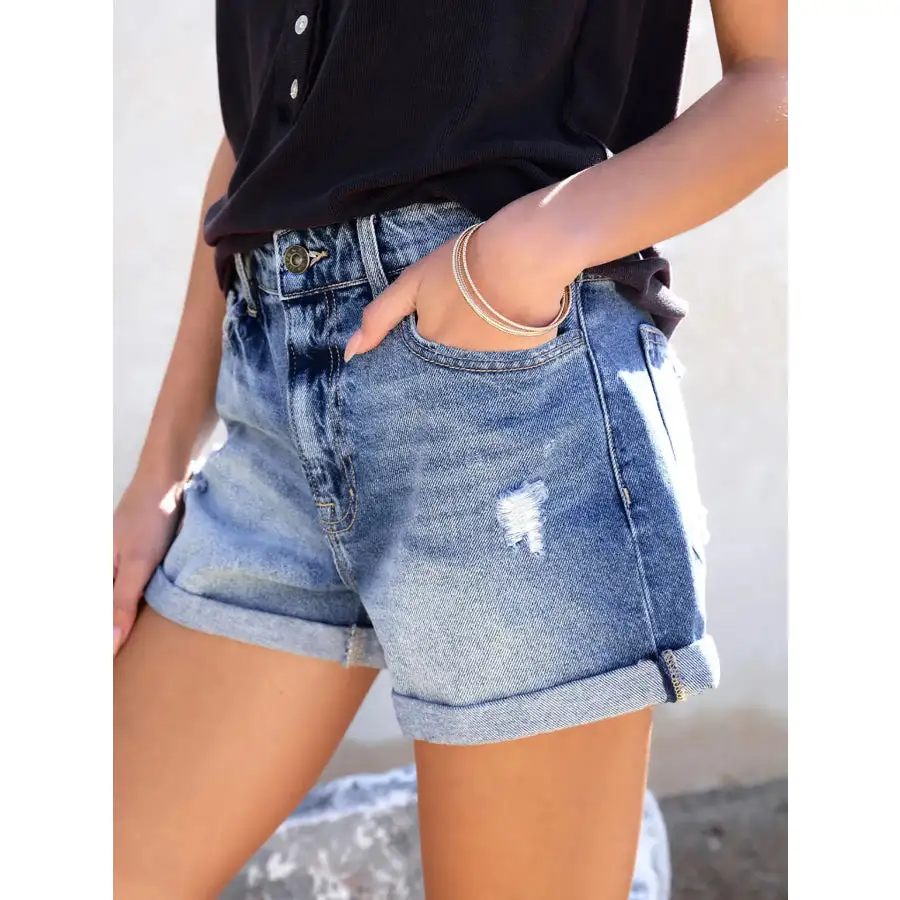 Distressed Pocketed Washed Denim Shorts