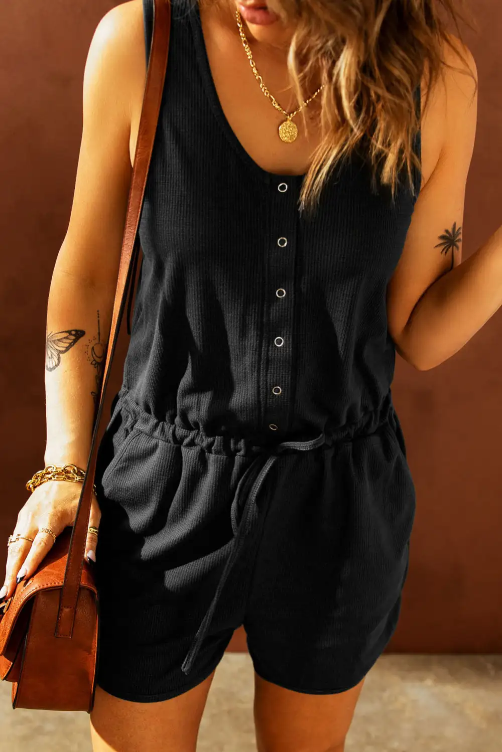 Snap Front Drawstring Romper