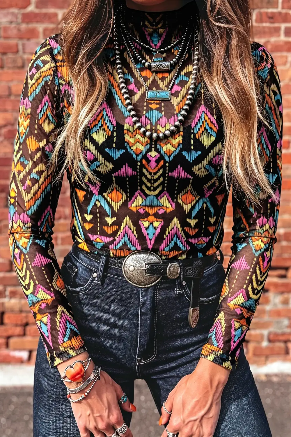 Western Print Stand Neck Mesh Stretch Fabric Long Sleeve Top