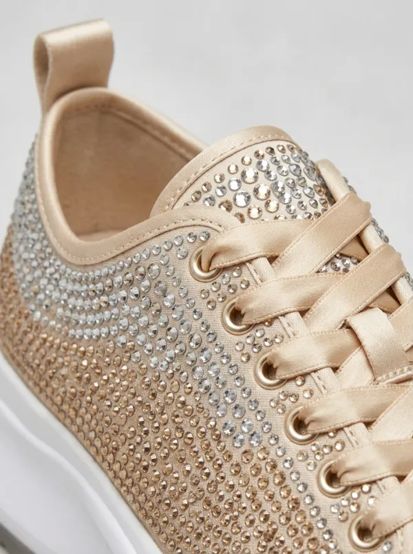 Streamlined Lace-Detail Lace-Up Women's Rhinestone Platform Shoes