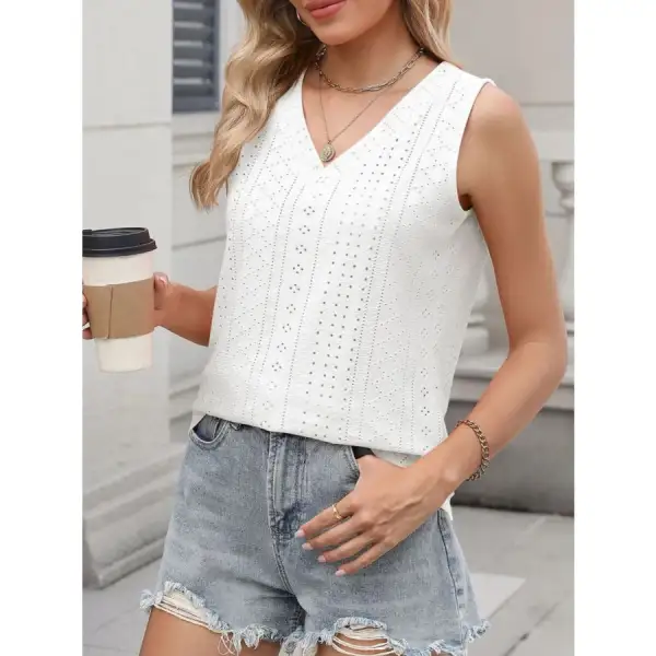 V Neck Eyelet Knit Camisole Tank Top