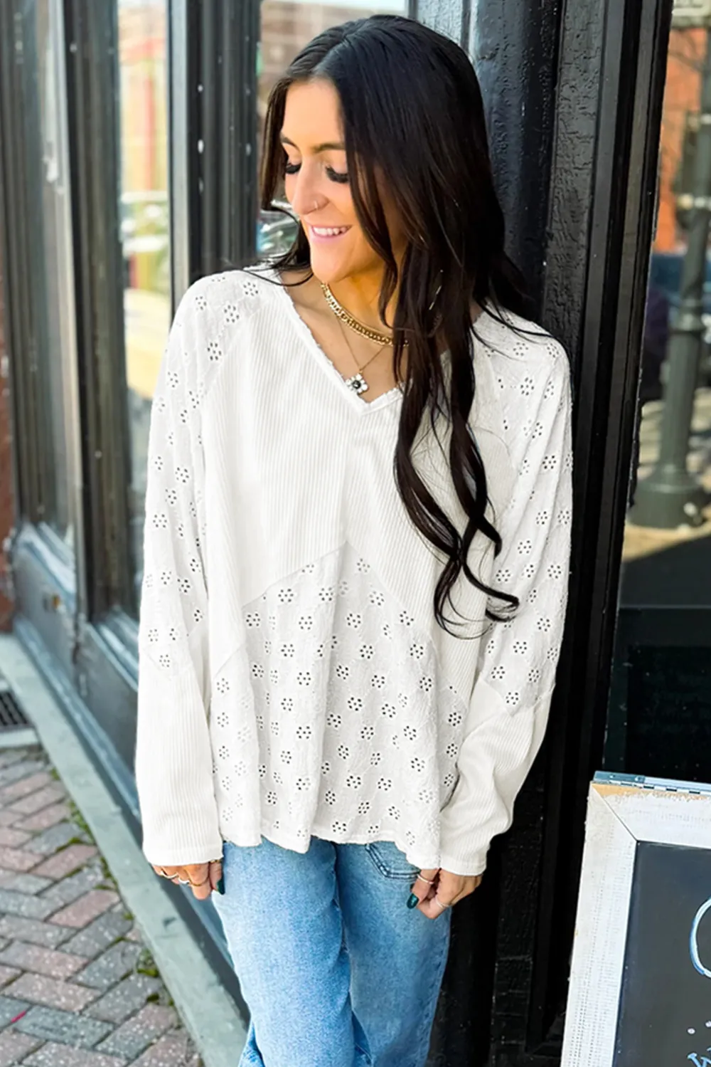 White Twisted Rib Patchwork Embroidered Top