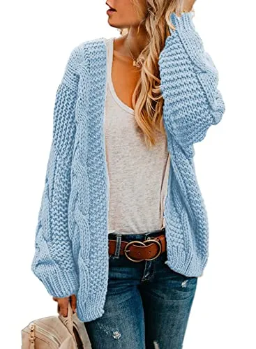 Womens Open Front Long Sleeve Chunky Knit Cardigan Sweaters Loose Outwear Coat