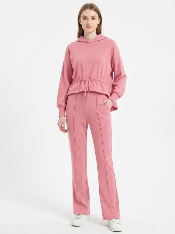 Women's Casual Burgundy Solid Drawstring Hoodie Pants Set