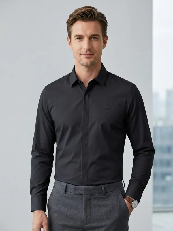 Men's Non-Iron Cotton Compass Embroidered Long Sleeve Shirt