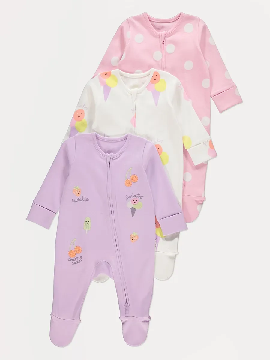 Pastel Ice Cream Zip Fasten Sleepsuits 3 Pack