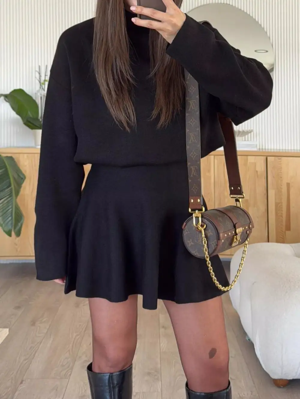 Structured Shape Round Neck Long Sleeve Mini Dress