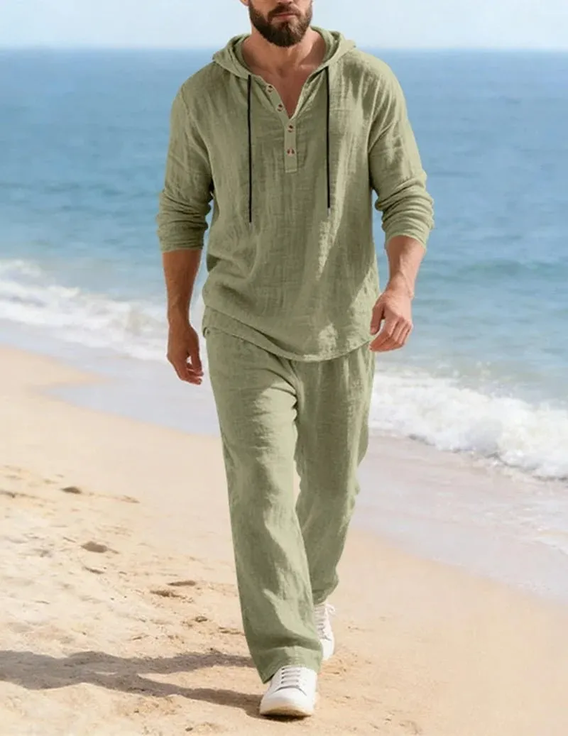 Men's Linen Hoodie Short Two Piece Sets