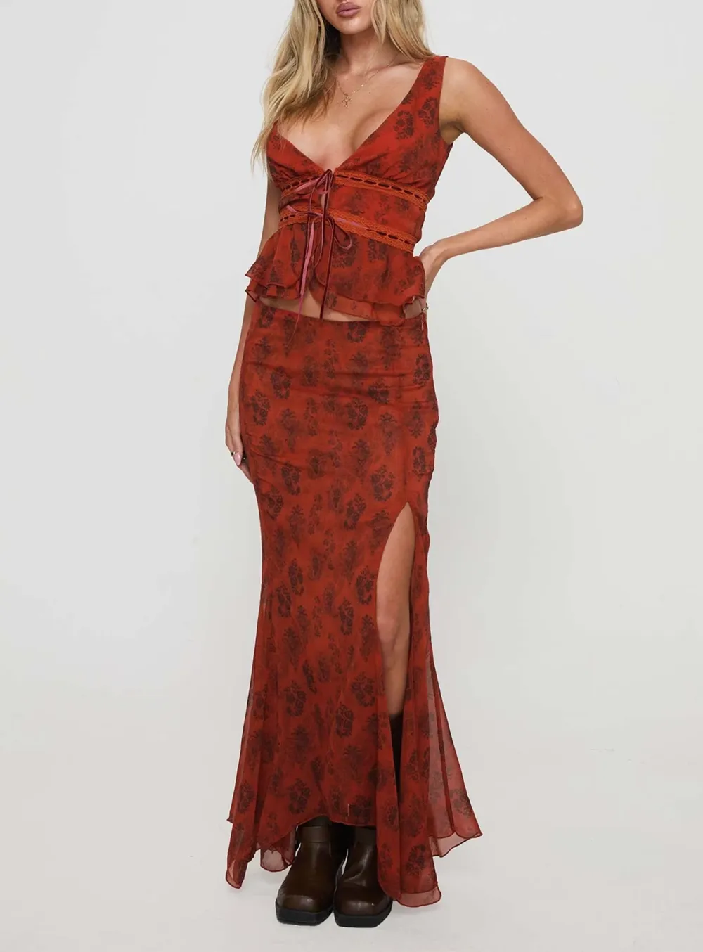 Floral Print Asymmetric Maxi Skirt