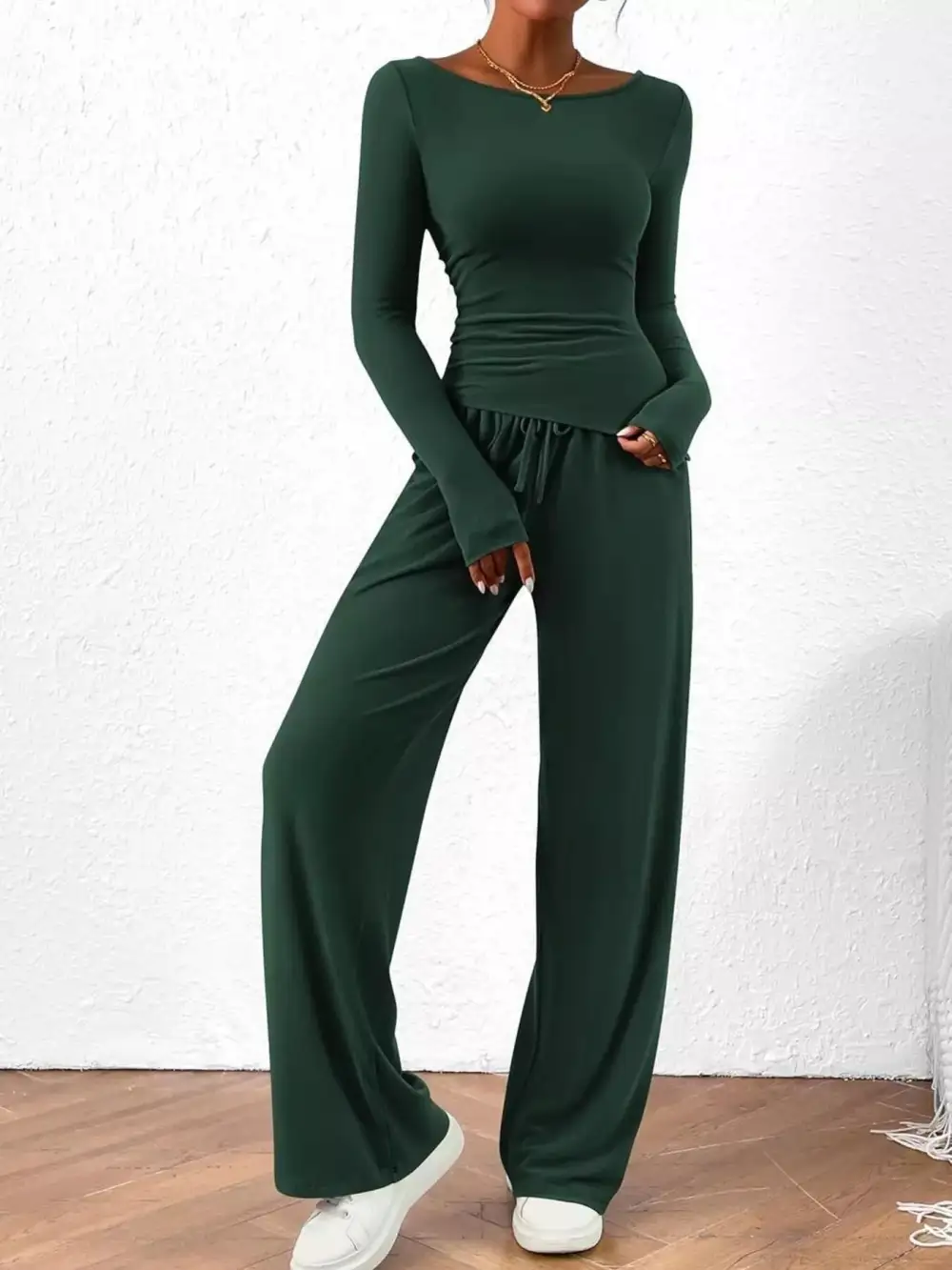 Relaxed Long Sleeve Top and Wide Leg Pants Set