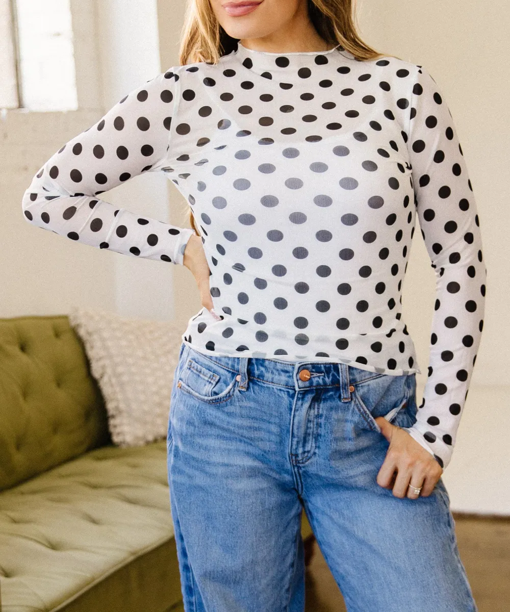 Polka Dot Stand Neck Mesh Stretch Fabric Long Sleeve Top