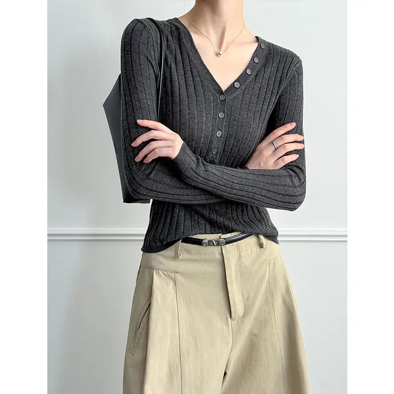 Ribbed V-Neck Ribbed Knit Sweater