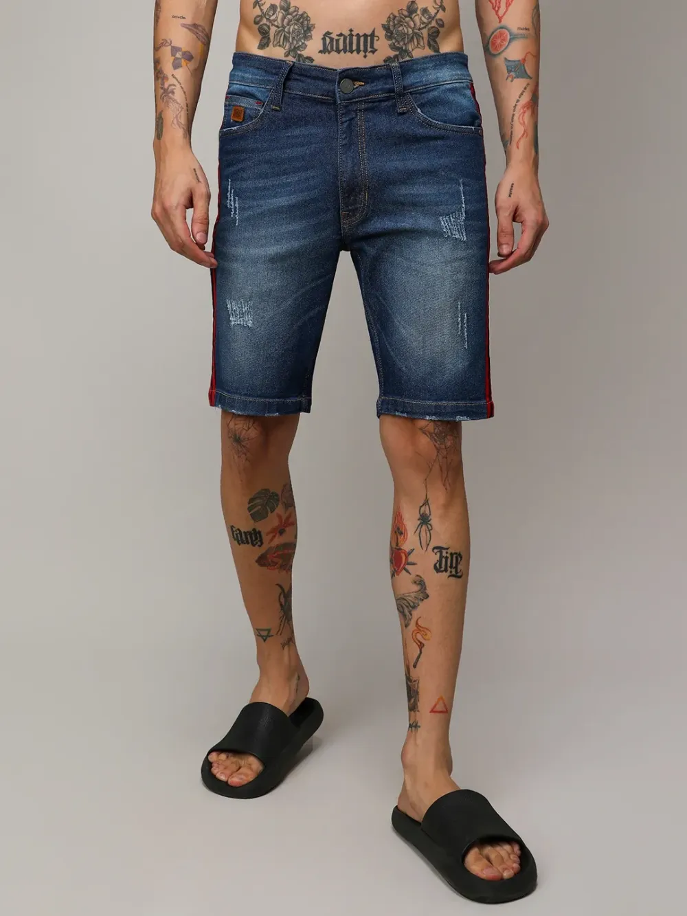 Casual Style Striped Denim Shorts