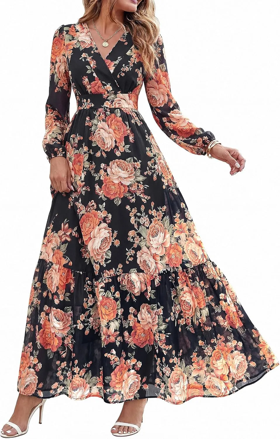 dowerme Women Fall Long Sleeve Wrap V Neck Floral Belted Boho Maxi Dress