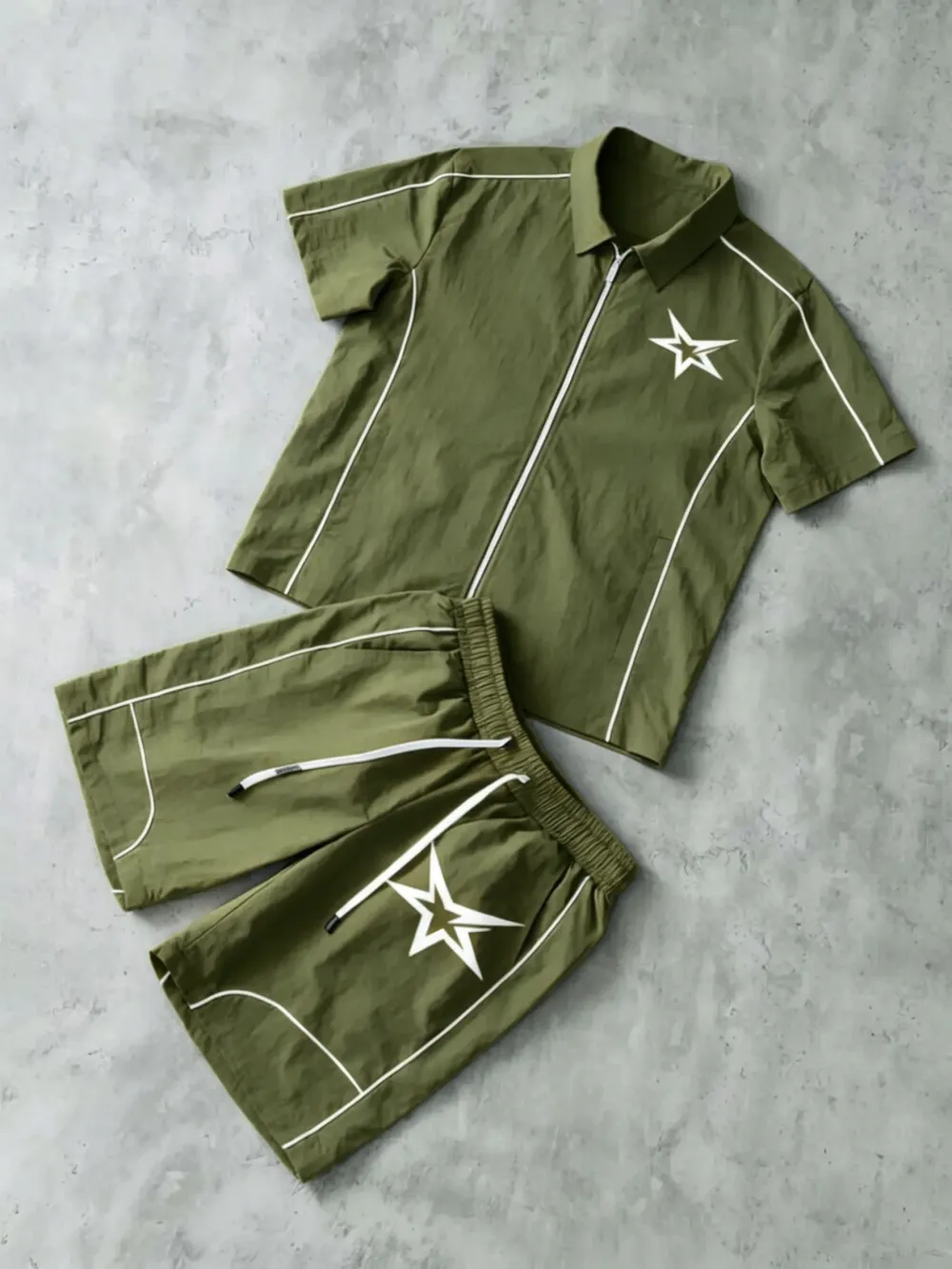 Stars Pattern Casual Set Short Sleeve Zipper Shirt + Gym Shorts Two-Piece Set, Breathable Comfort Spring Summer Daily Wear