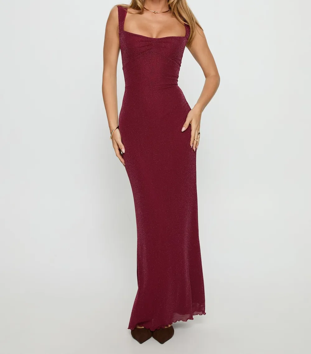 Burgundy Ruched Tie-Up Maxi Dress