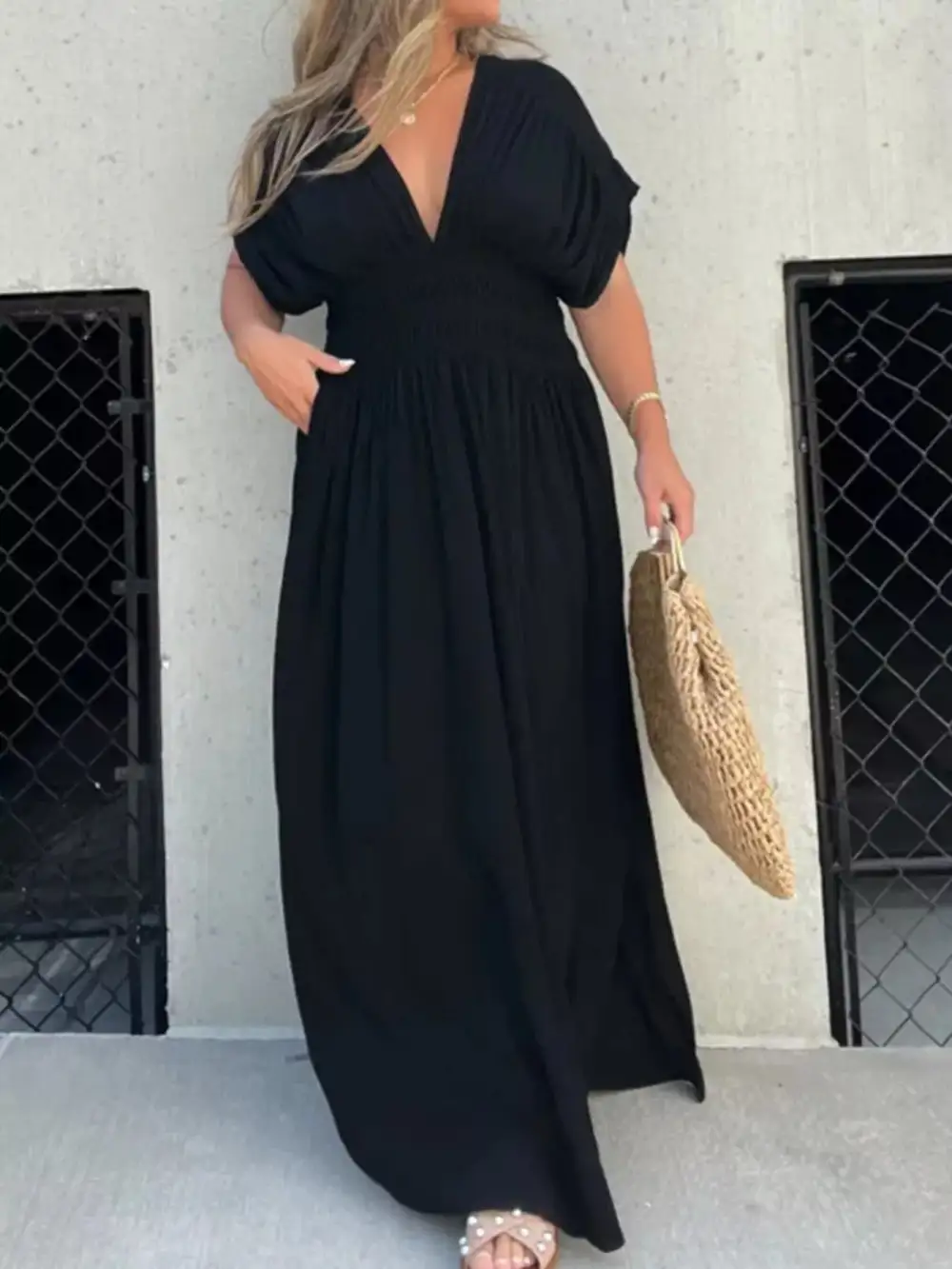 V Neck Smocked Slit Maxi Dress