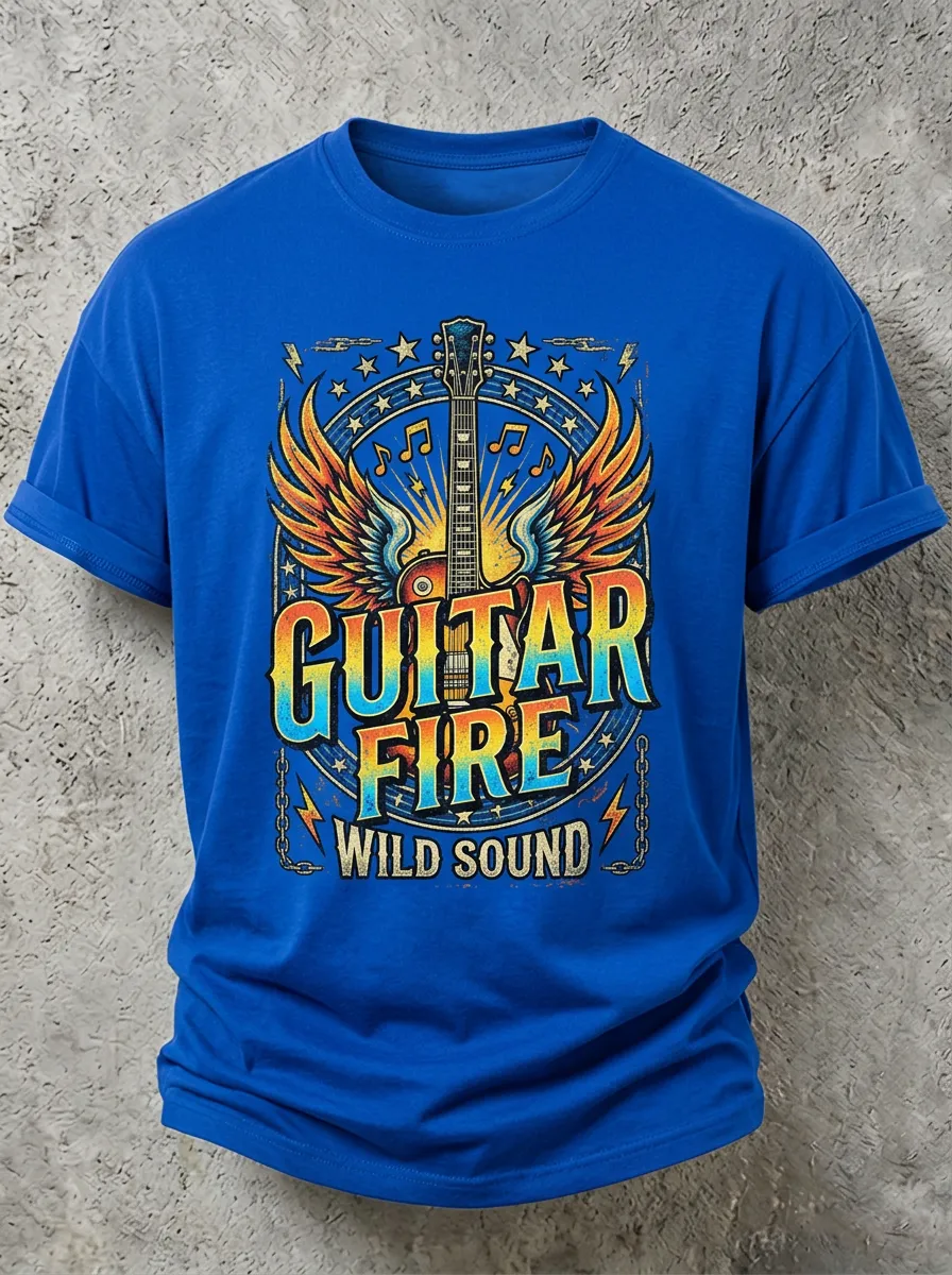 Unisex Rock Music Lover Guitar Fire Wings Printed T-shirt