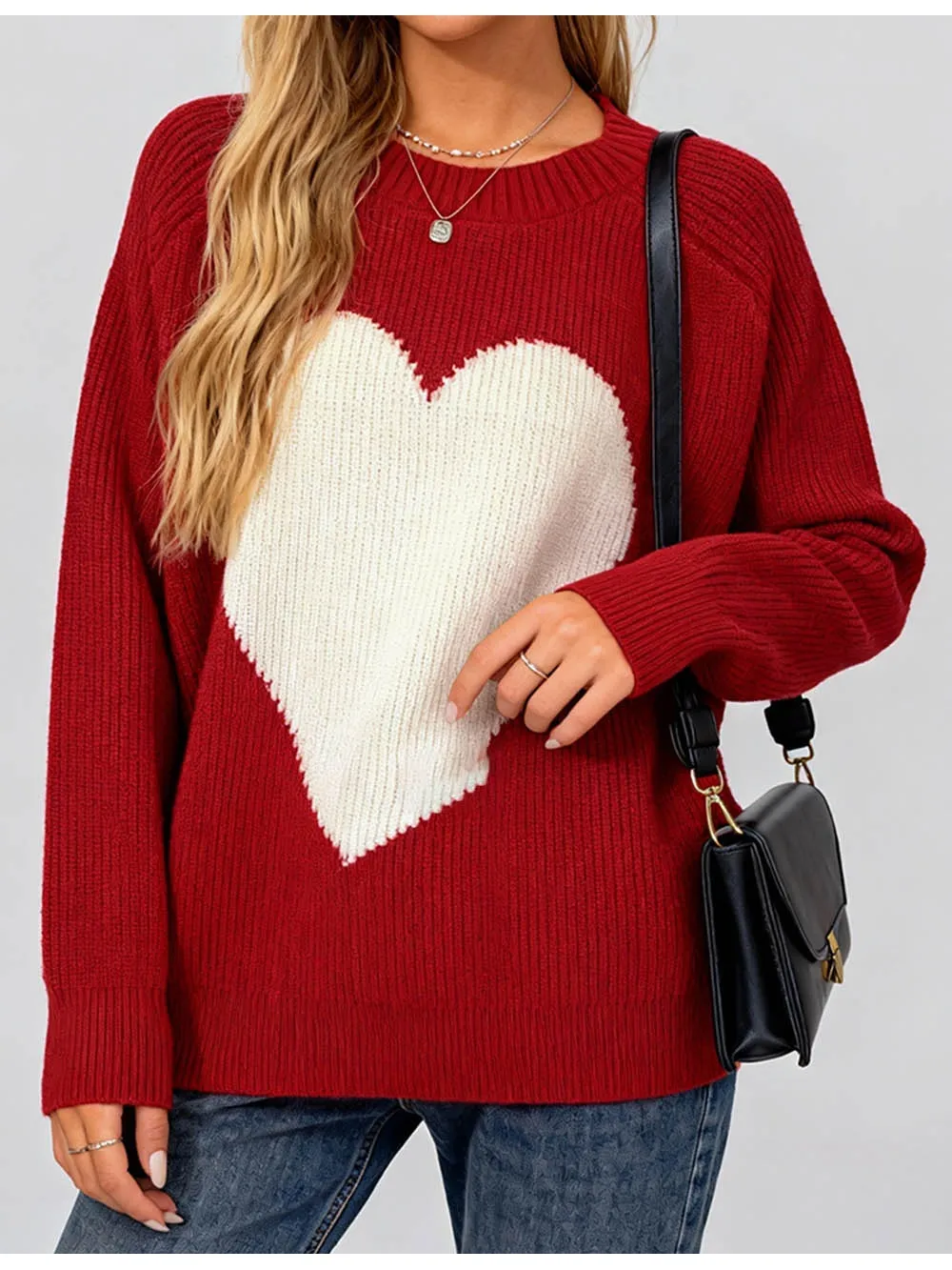 Valentine Heart Color Block Round Neck Sweater