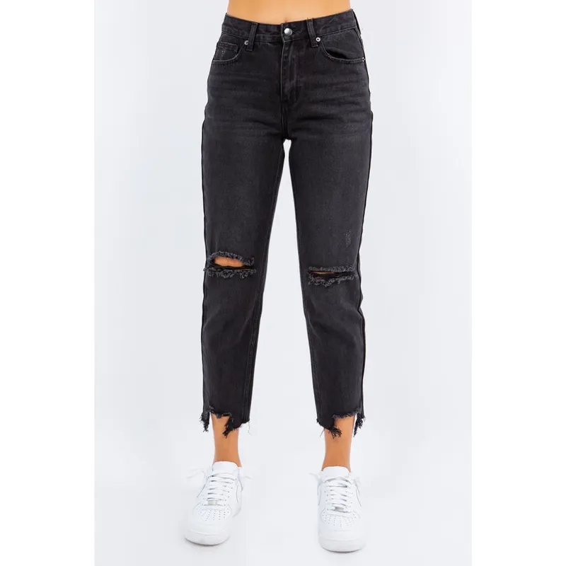High-Waist Distressed Cropped Straight Jeans
