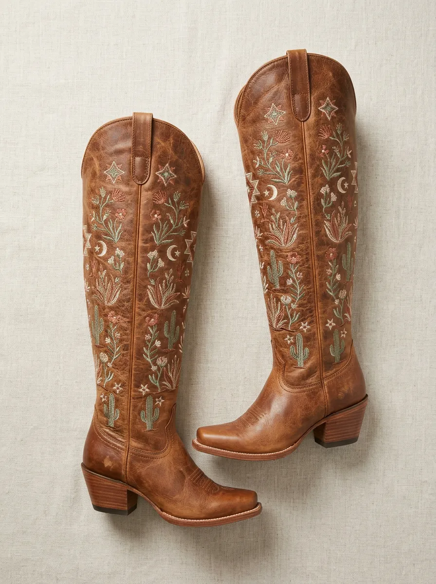 Men's Western Boho Cactus Floral Moon Star Embroidered Cowboy Boots
