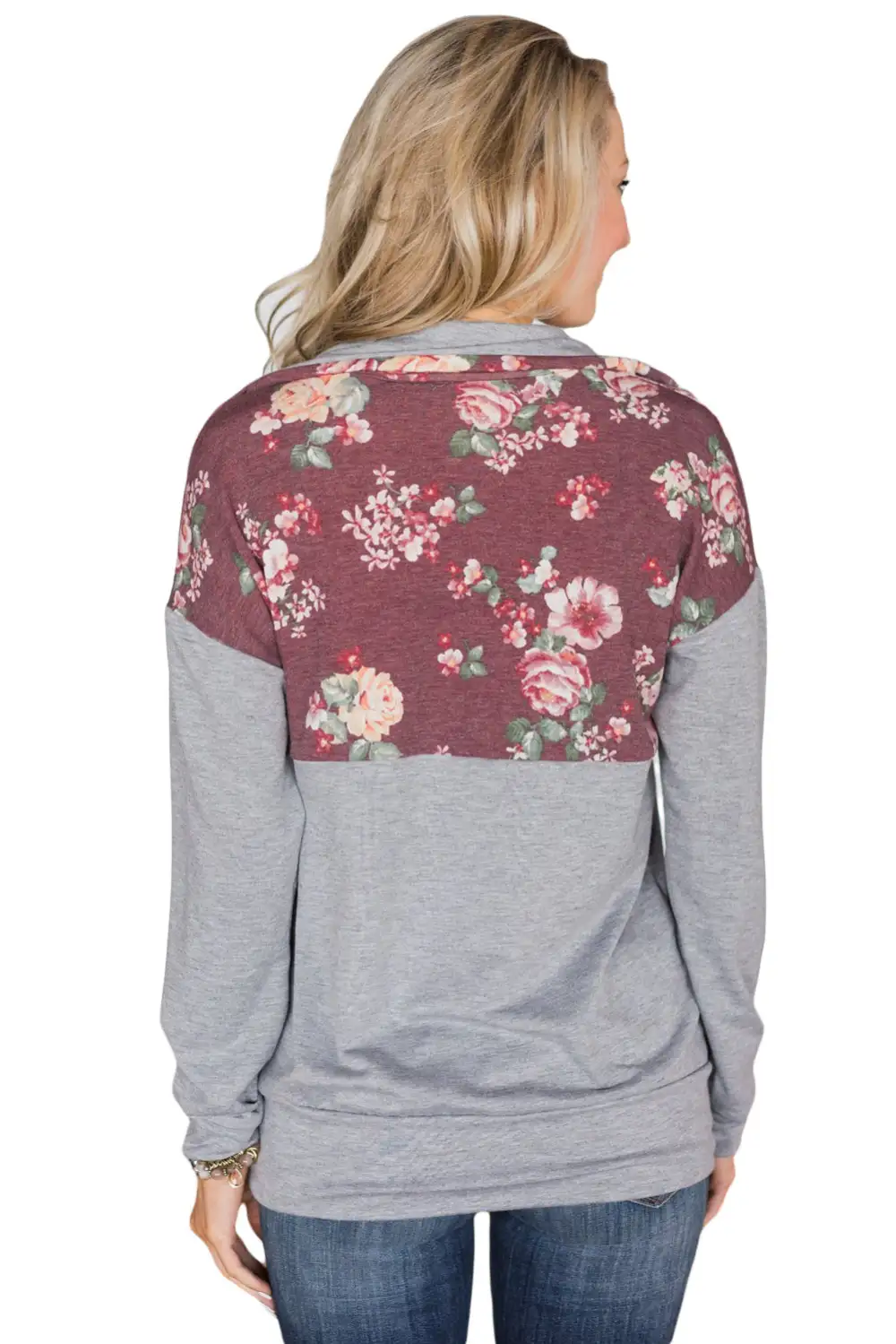 Floral Splice Kangaroo Pocket Zip Collar Sweatshirt