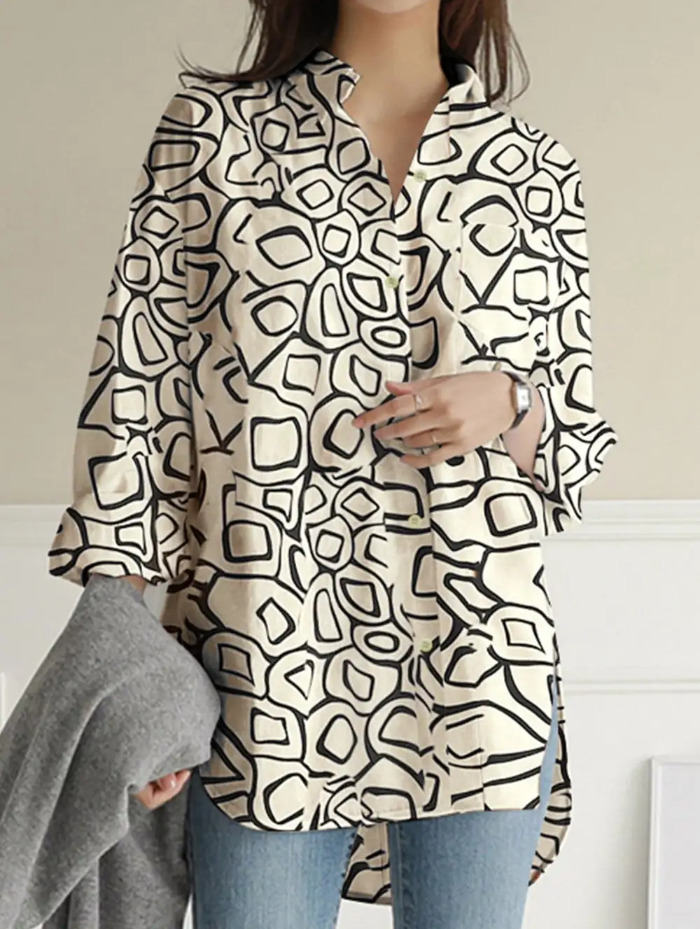 Printed Lapel Long-Sleeved Tunic Top