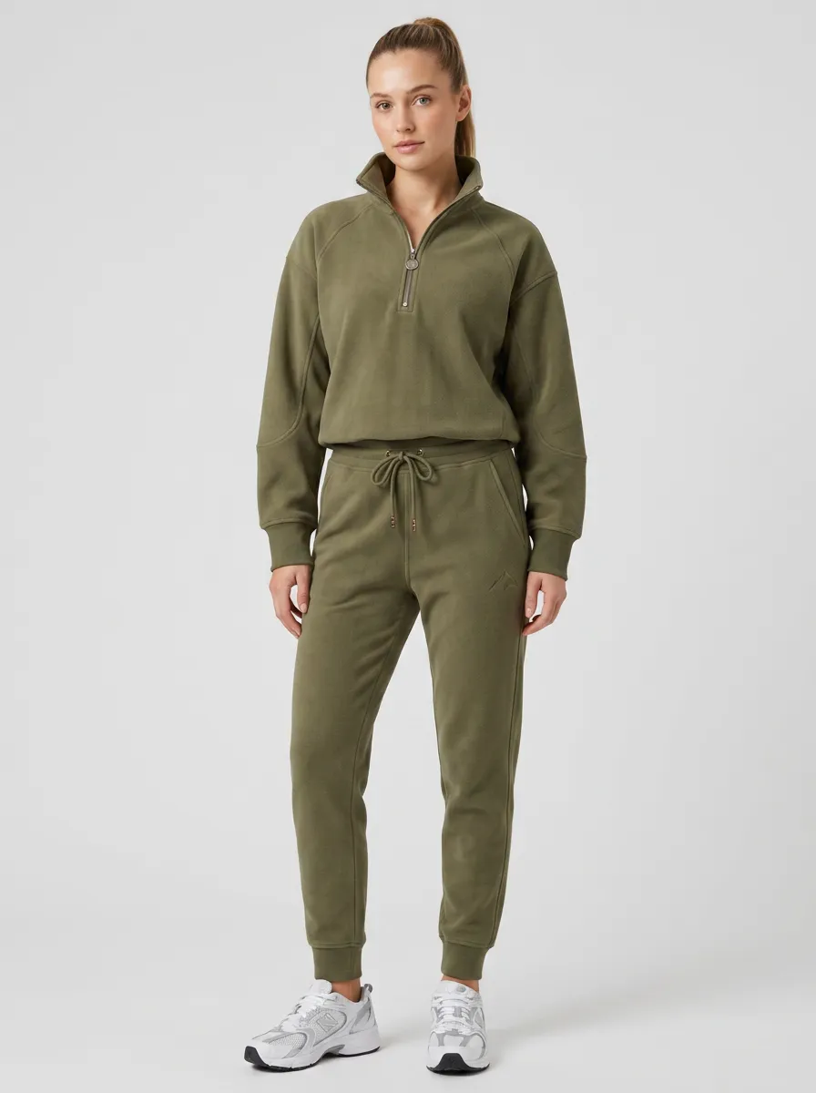 Women's Olive Green Quarter-Zip Fleece Jogger Set